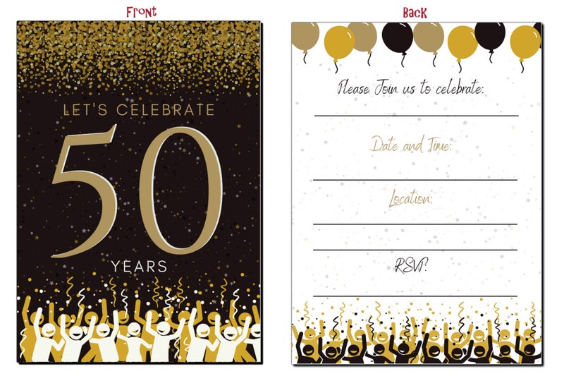 Elcer 50th Birthday Party Invitations| 50 Years | Happy 50 Anniversary | Black and Gold | Confetti Streamers Party Invitations | Fill In Style | 20 Count with Envelopes | Surprise Party (Black) - Image 3